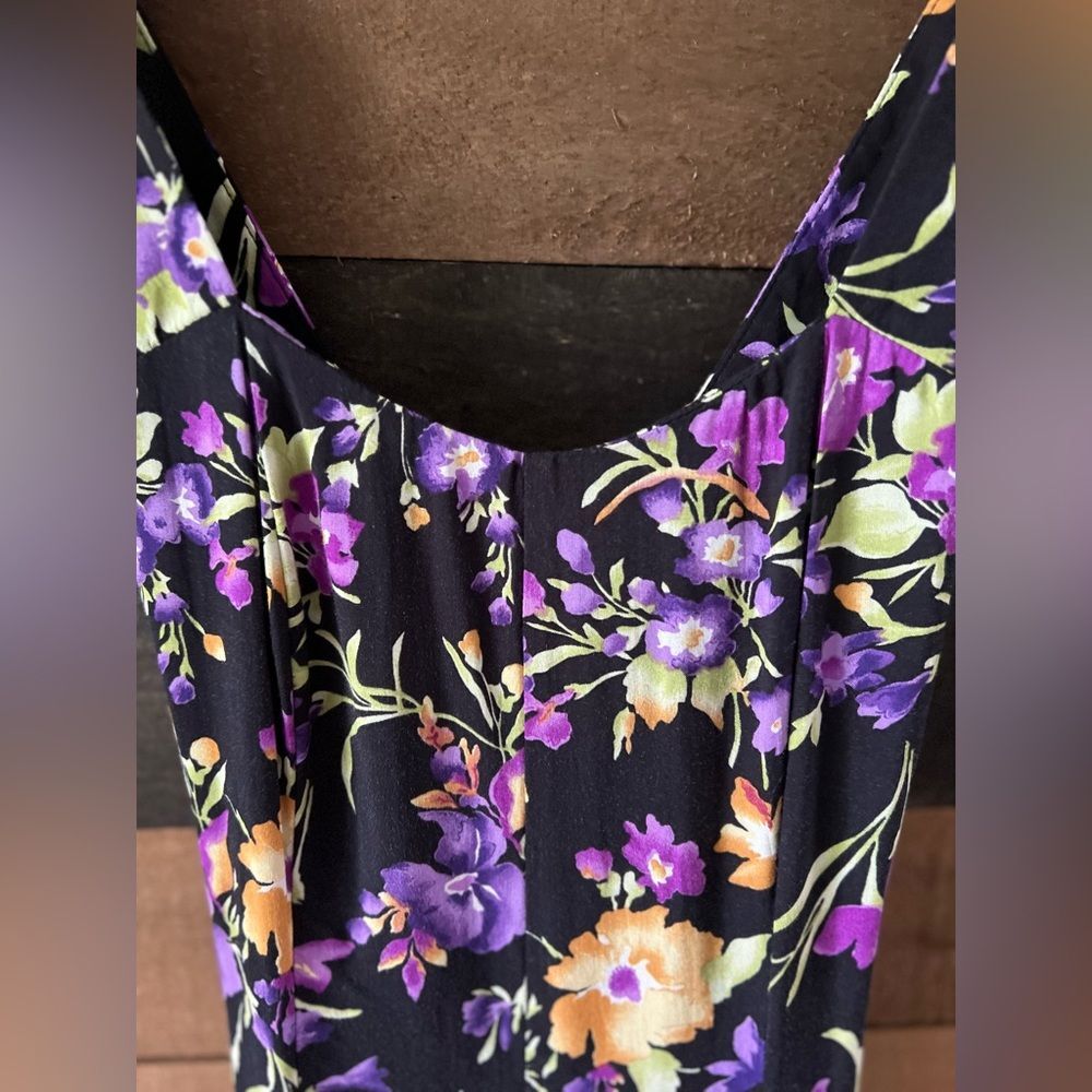 Vintage 80s All That Jazz Black Floral Midi Dress Crisscross Back Size 7/8 - Picture 4 of 16